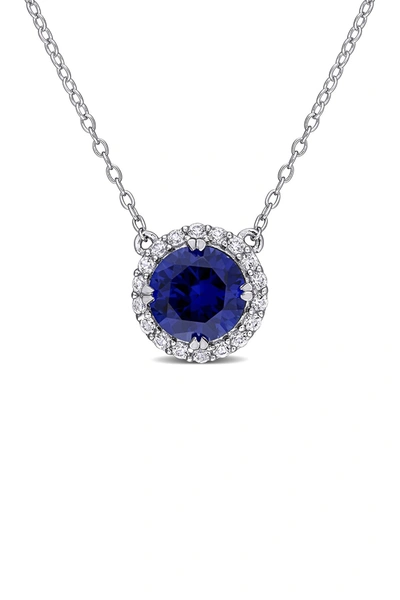 Delmar Sterling Silver Lab Created Blue Sapphire & Lab Created White Sapphire Halo Pendant Necklace