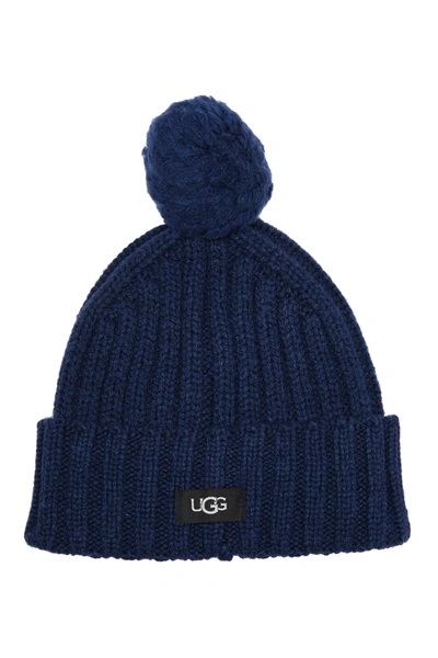 Ugg Pompom Solid Rib Knit Beanie In Navy
