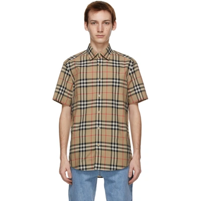 Burberry Beige Check Poplin Short Sleeve Shirt In Beige,black,red