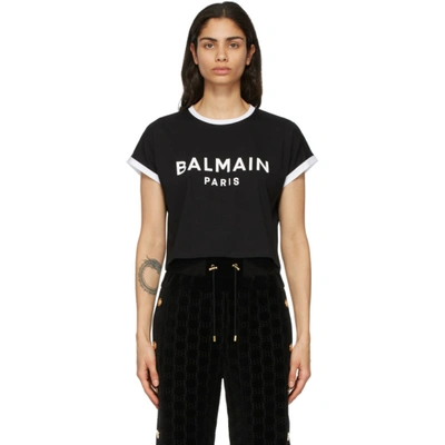 Balmain Black & White Cropped Flocked Logo T-shirt