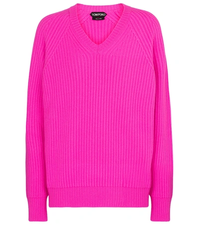 Tom Ford V-neck Ribbed-knit Cashmere Jumper In Pink