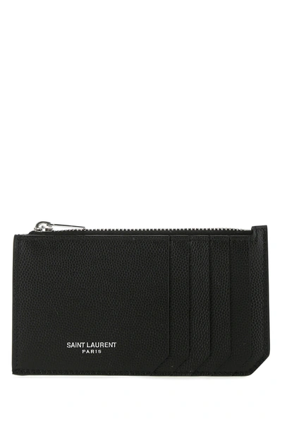 Saint Laurent Grey Fragment Zipped Card Holder In Black
