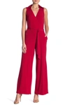 Nina Leonard Solid Tie Waist Jumpsuit In Red