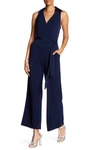 Nina Leonard Solid Tie Waist Jumpsuit In Navy