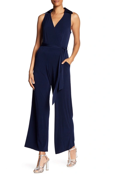 Nina Leonard Solid Tie Waist Jumpsuit In Navy