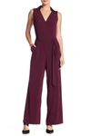 Nina Leonard Solid Tie Waist Jumpsuit In Malbec