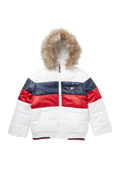 Tommy Hilfiger Kids' Colorblock Puffer With Removable Faux Fur Hood In White