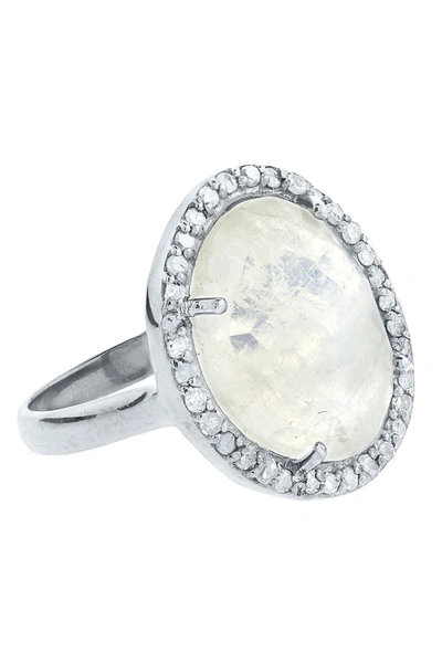 Adornia Fine Rhodium Plated Sterling Silver Pave Diamond Halo Rose Cut Moonstone Ring In White