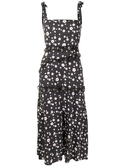 Cynthia Rowley Floral-print Sleeveless Midi Dress In Black