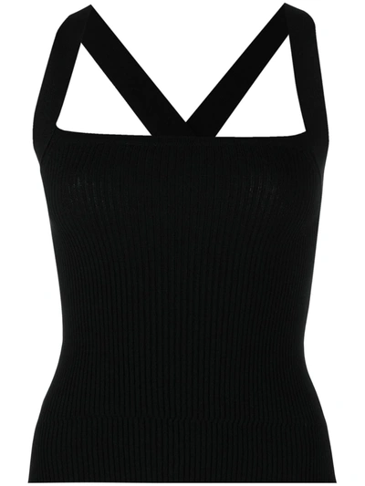 Pinko Ribbed-knit Crossover-straps Top In Black