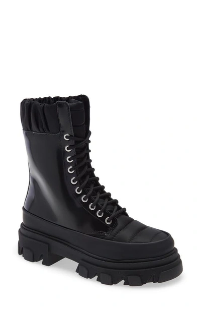 Ganni Shell-trimmed Glossed-leather Ankle Boots In Black
