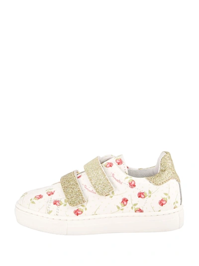 Monnalisa Baby Floral Leather Sneakers In Panna