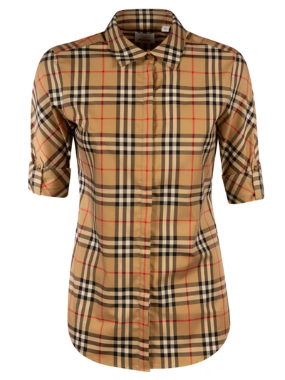 Burberry Short Sleeve Checked Print Shirt In Beige