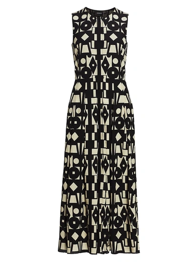Akris Geometric Print Wool-blend Pleated Dress In Black/white