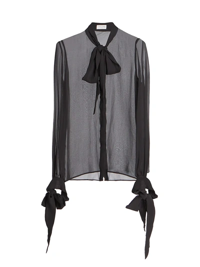 Saint Laurent Women's Sheer Silk Tieneck Blouse In Noir
