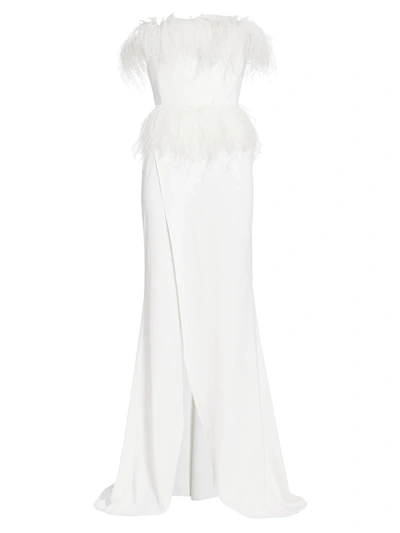 Elie Saab Strapless Crepe & Feather Gown In Optic White