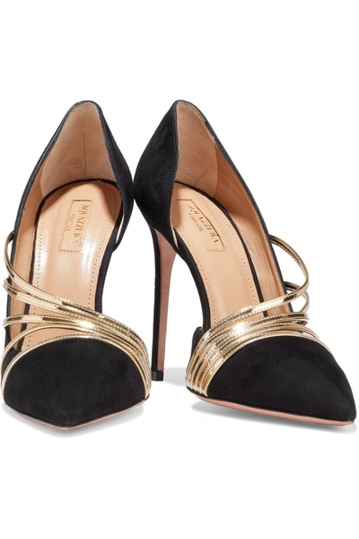 Aquazzura Minou 105 Metallic Leather-trimmed Suede Pumps In Black