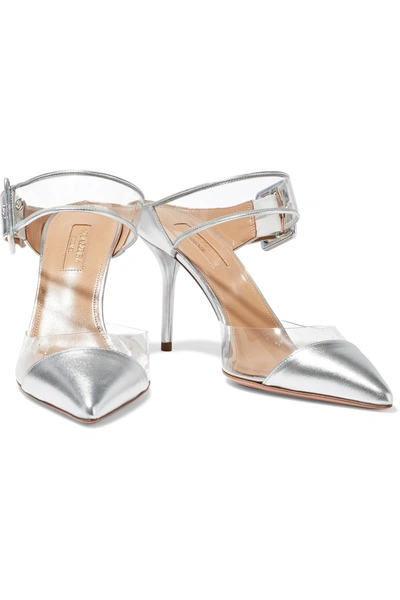 Aquazzura Optic 85 Buckled Metallic Leather And Pvc Mules In Silver