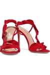 AQUAZZURA RUFFLE 105 SUEDE SLINGBACK SANDALS,3074457345624836477