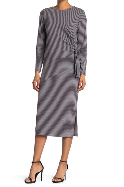 Melloday Cozy Striped Long Sleeve Side Tie Midi Dress In Charcoal/wine Stripe