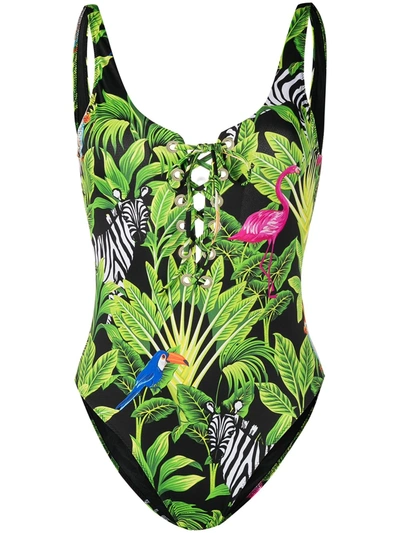 Mc2 Saint Barth Tropical Print One-piece Swimsuit In Black