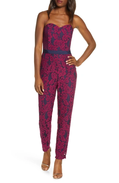 Adelyn Rae Sonya Lace Strapless Jumpsuit In Boysenberry/navy