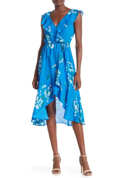 Socialite Ruffled Faux Wrap High/low Midi Dress In Brghtblu F