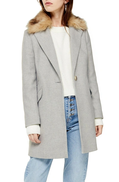 Topshop Monica Faux Fur Collar Coat In Grey Marl