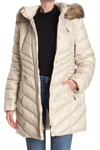 Laundry By Shelli Segal Faux Fur Trimmed Cinched Waist Puffer Jacket In Bone