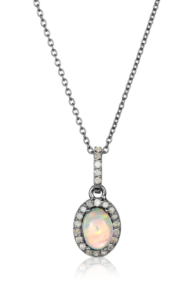 Adornia Black Rhodium Plated Sterling Silver Opal Halo Oval Pendant Necklace In White