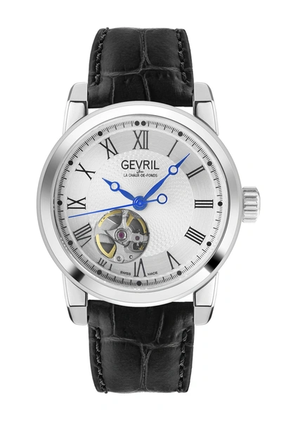 Gevril Madison Stainless Steel Silver Dial Black Leather Watch, 39mm