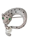 CZ BY KENNETH JAY LANE RHODIUM PLATED PAVE PANTHER HOLDING GLASS PEARL BROOCH,848179092484