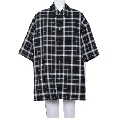 Pre-owned Balenciaga Monochrome Plaid Quilted Detail Oversized Short Sleeve Shirt S In Black