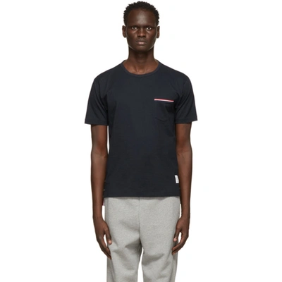 Thom Browne Tricolour-stripe Patch-pocket Cotton T-shirt In Blue