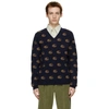 Gucci Navy Jacquard Double G V-neck Sweater In 4804 Blue/m