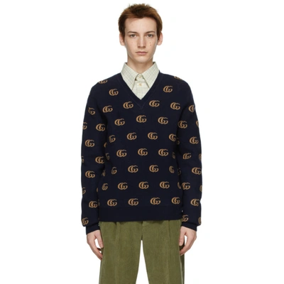 Gucci Navy Jacquard Double G V-neck Sweater In Black