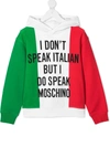 MOSCHINO ITALY FLAG SLOGAN PRINT HOODIE