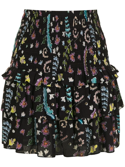 Cynthia Rowley Smocked-waist Printed Ruffle Skirt In Black