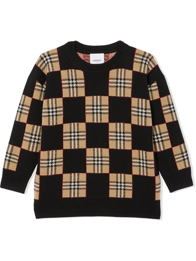 Burberry Teen Icon Stripe Chequer Wool Jumper In Black