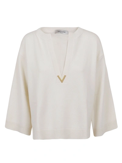 Valentino Vlogo Plunge Neck Cashmere Sweater In White