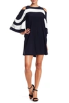 Nina Leonard Contrast Stripe Cold Shoulder Dress In Navy-ivory