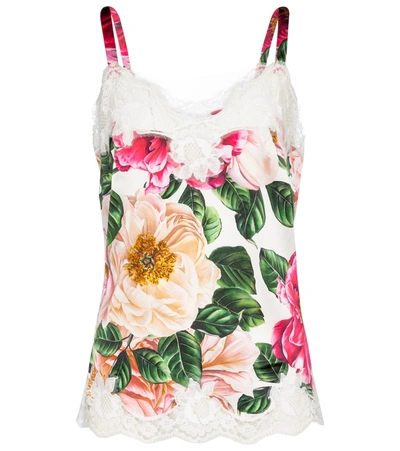 Dolce & Gabbana Satin Lingerie Top With Lace And Camellia Print In Multicoloured