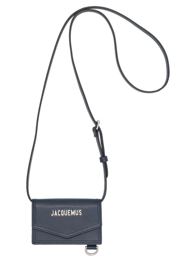 Jacquemus 'le Porte Azur' Logo Plaque Shoulder Strap Leather Cardholder In Navy