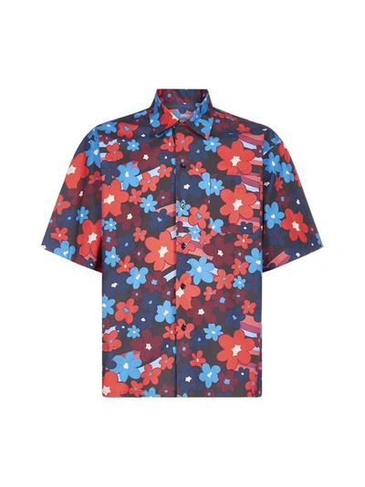 Marni Red & Blue Rainbow Flower Print Short Sleeve Shirt In Multicolor
