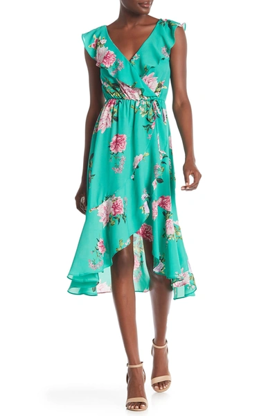 Socialite Ruffled Faux Wrap High/low Midi Dress In Jde Grn Fl