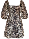 Ganni Balloon Sleeve Flared Dress In Animalier In Brown