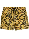 Versace Yellow And Black Swim Trunks With All-over Baroque Print In Nylon Man In Black