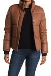 Andrew Marc Faux Leather Puffer Jacket In Cognac