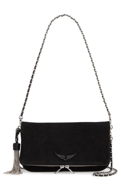 Zadig Voltaire Rock Suede Strass Tassel Crossbody Bag In Noir