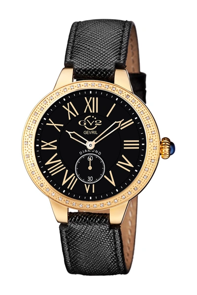 Gevril Astor Black Dial Diamond Calfskin Leather Watch, 40mm